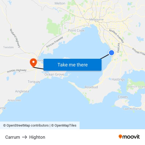 Carrum to Highton map