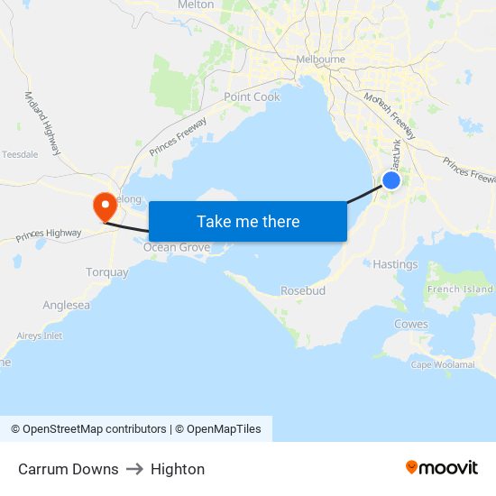 Carrum Downs to Highton map