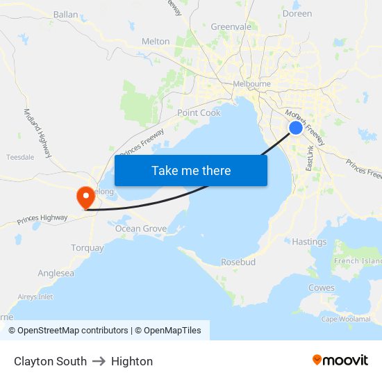 Clayton South to Highton map