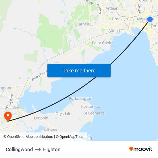 Collingwood to Highton map