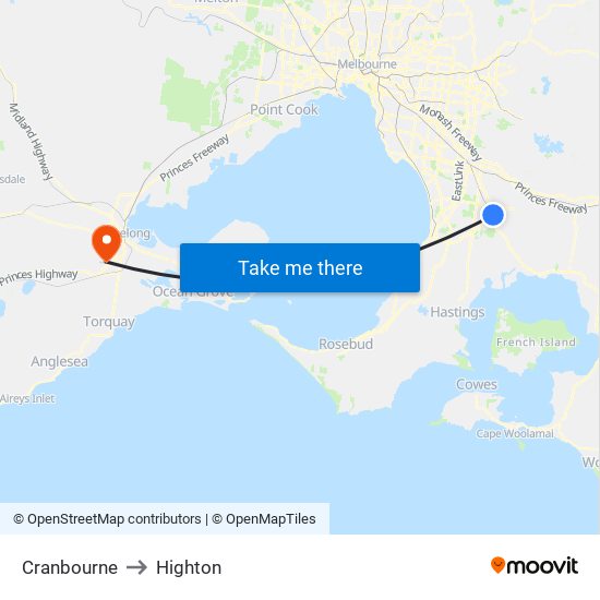 Cranbourne to Highton map