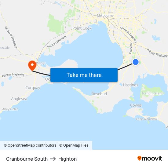 Cranbourne South to Highton map