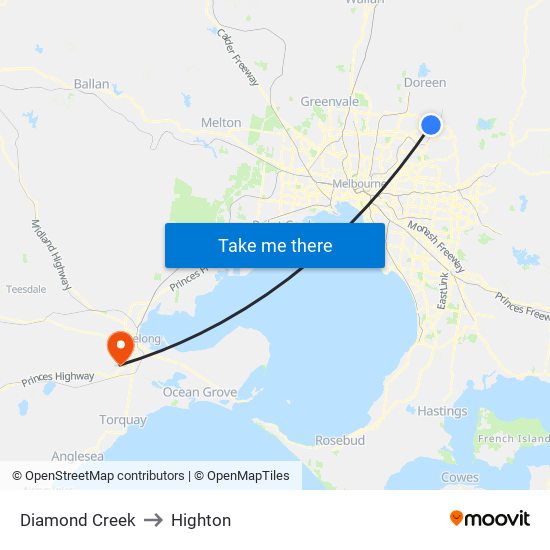 Diamond Creek to Highton map