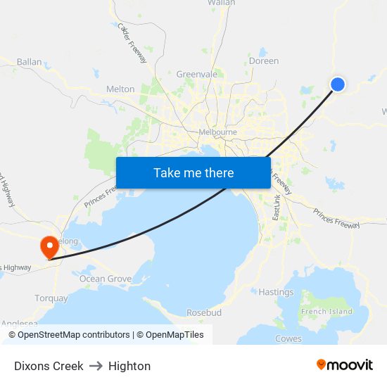 Dixons Creek to Highton map