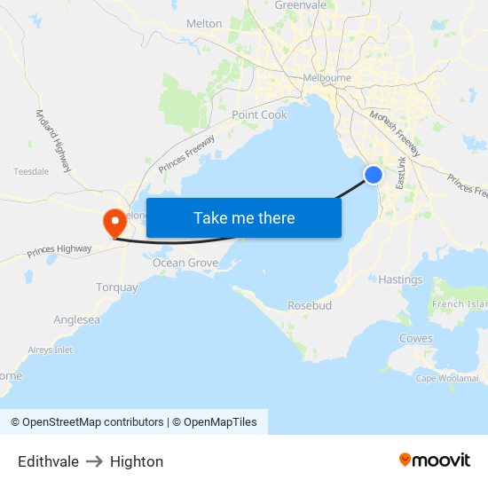 Edithvale to Highton map