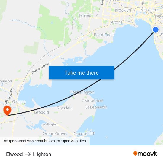 Elwood to Highton map