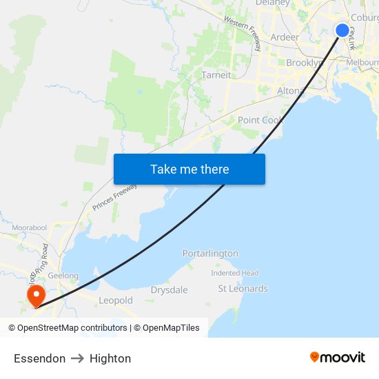 Essendon to Highton map