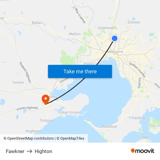 Fawkner to Highton map