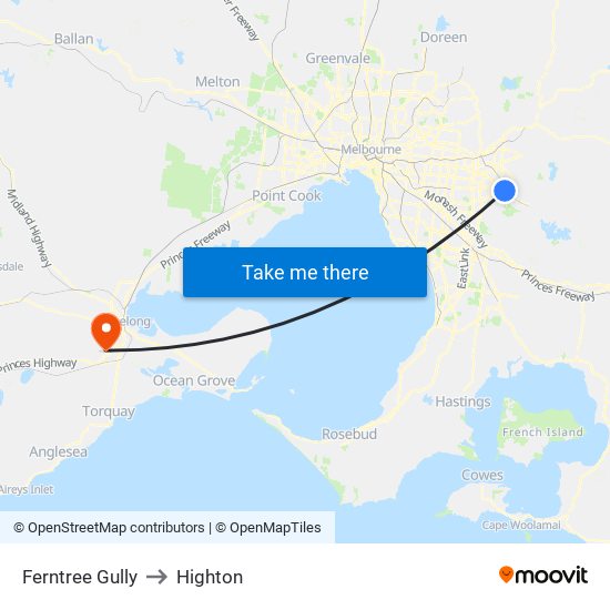 Ferntree Gully to Highton map