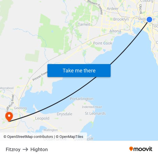 Fitzroy to Highton map