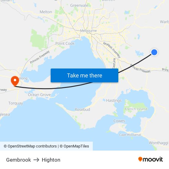 Gembrook to Highton map