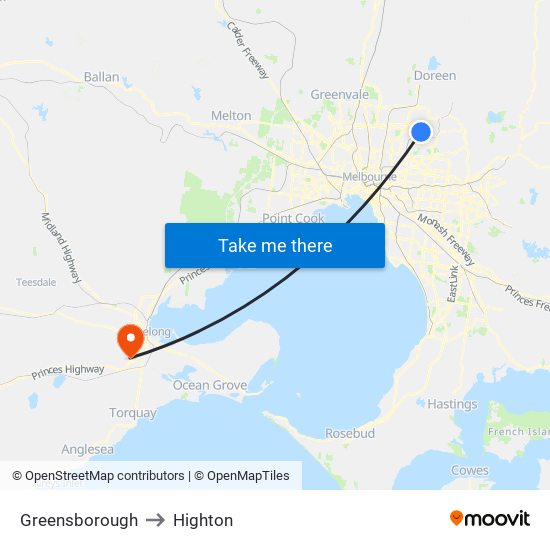 Greensborough to Highton map