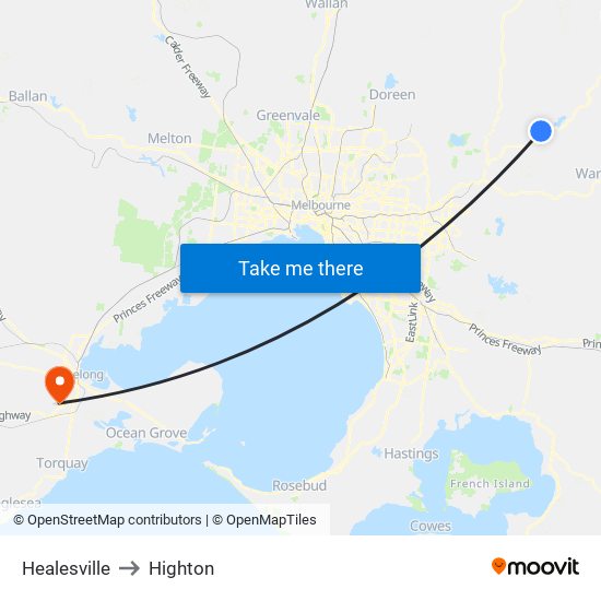 Healesville to Highton map