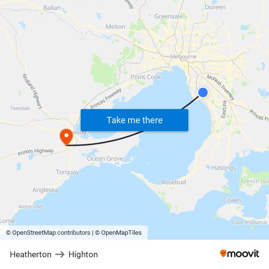 Heatherton to Highton map