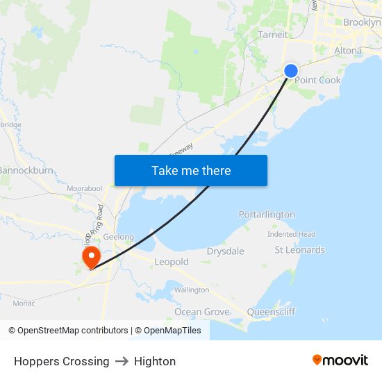 Hoppers Crossing to Highton map