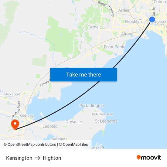 Kensington to Highton map