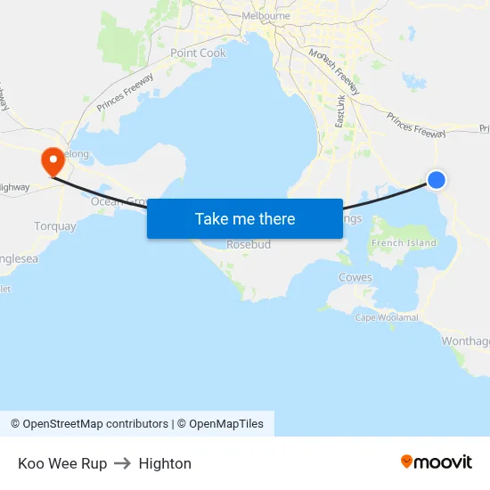 Koo Wee Rup to Highton map