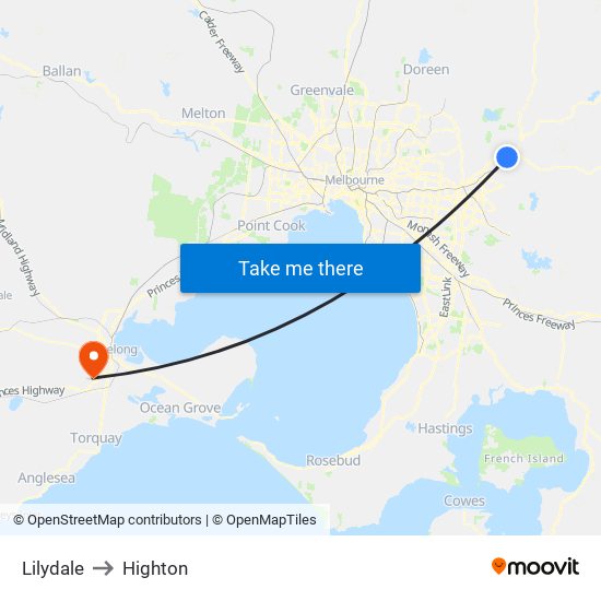 Lilydale to Highton map