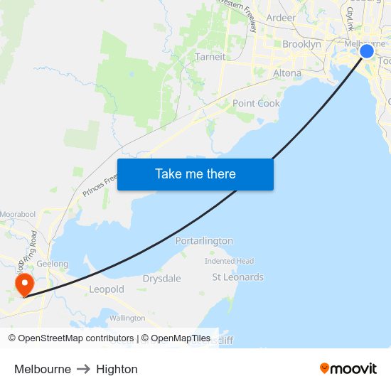 Melbourne to Highton map