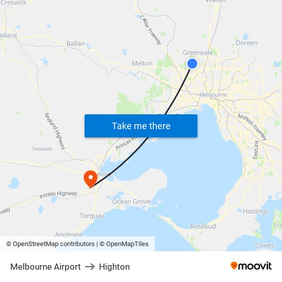 Melbourne Airport to Highton map