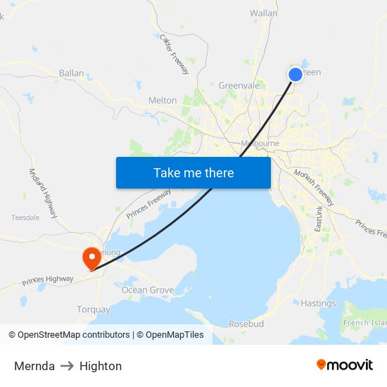 Mernda to Highton map