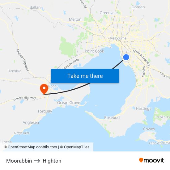 Moorabbin to Highton map