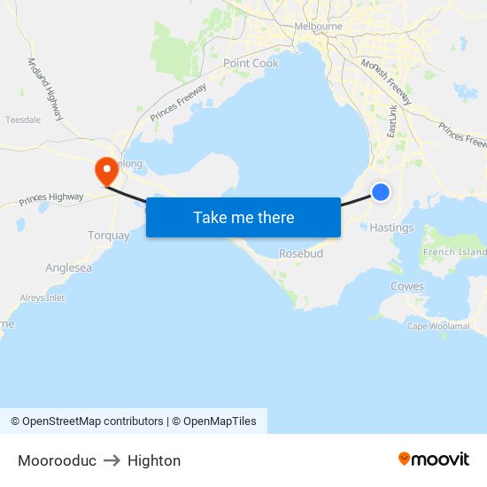 Moorooduc to Highton map