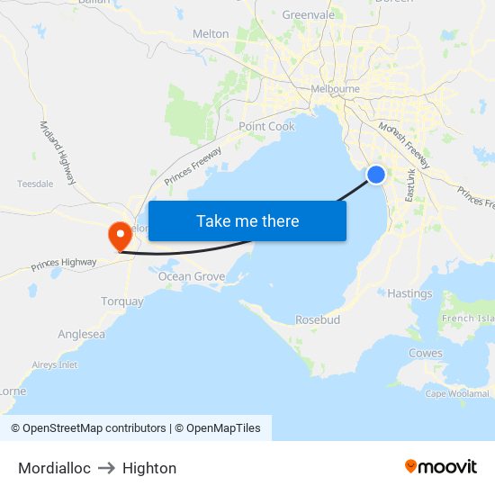Mordialloc to Highton map