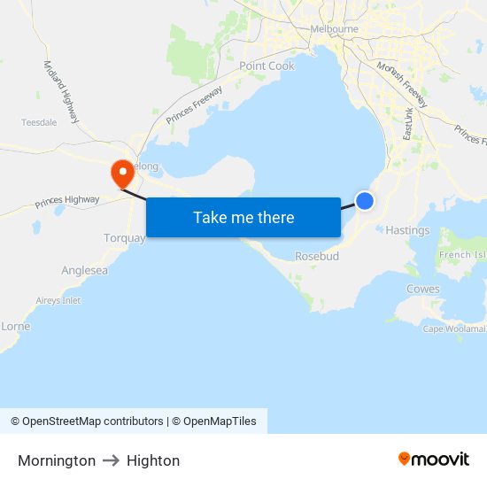 Mornington to Highton map