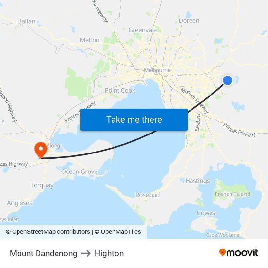 Mount Dandenong to Highton map