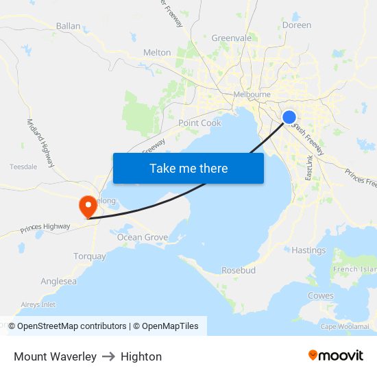 Mount Waverley to Highton map