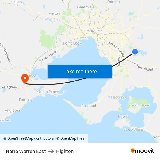 Narre Warren East to Highton map