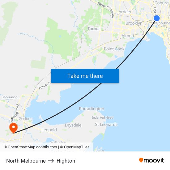 North Melbourne to Highton map