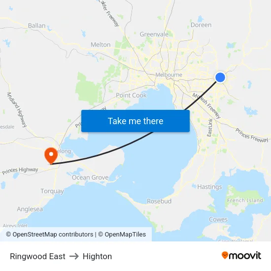 Ringwood East to Highton map