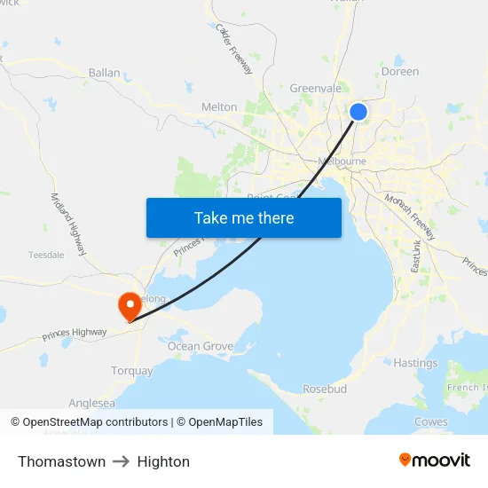 Thomastown to Highton map