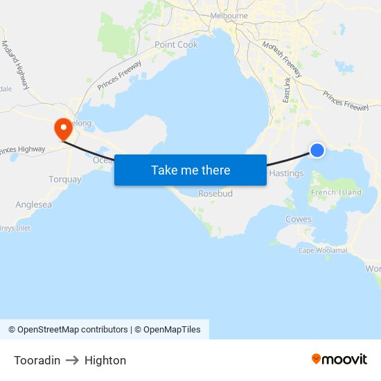 Tooradin to Highton map