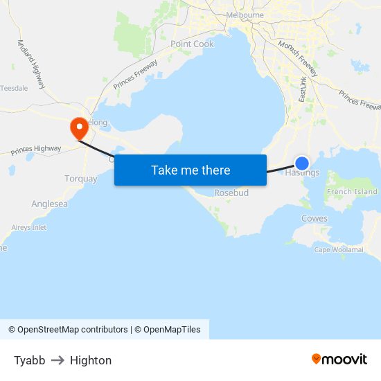 Tyabb to Highton map