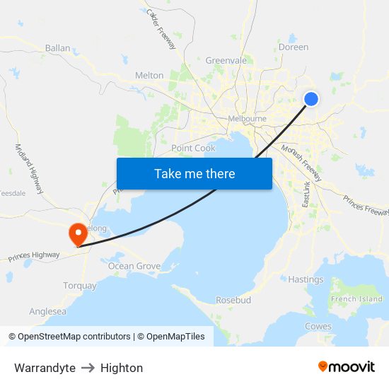 Warrandyte to Highton map