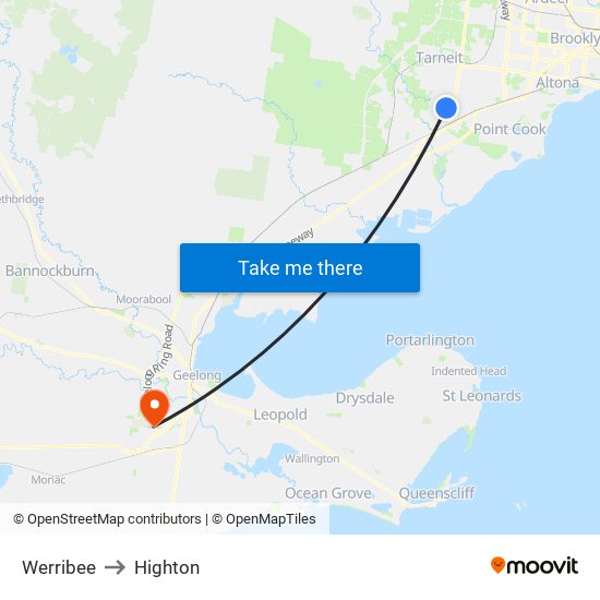 Werribee to Highton map