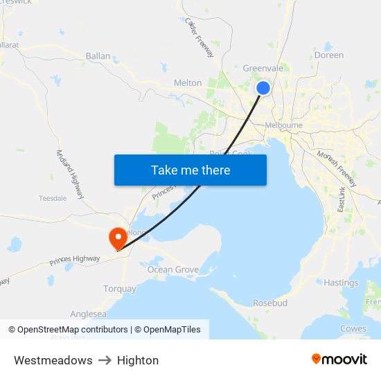 Westmeadows to Highton map