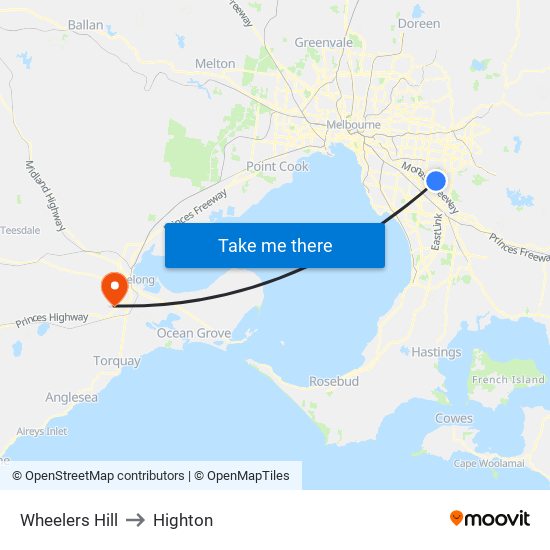 Wheelers Hill to Highton map