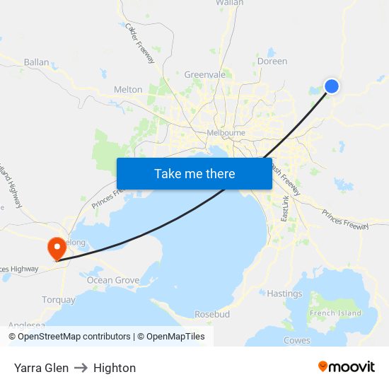 Yarra Glen to Highton map