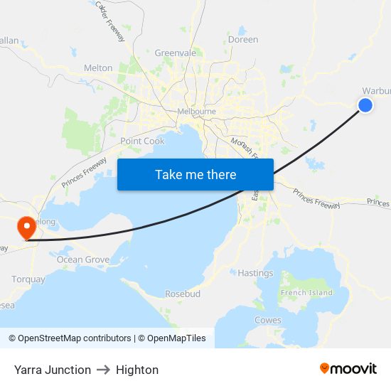 Yarra Junction to Highton map