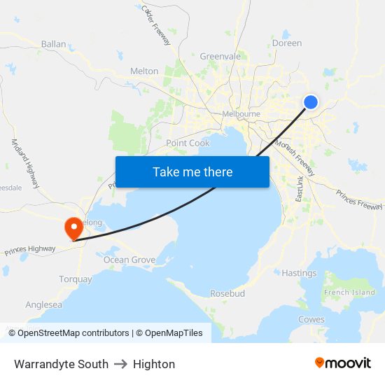 Warrandyte South to Highton map