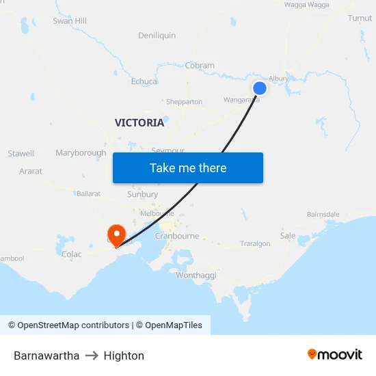 Barnawartha to Highton map