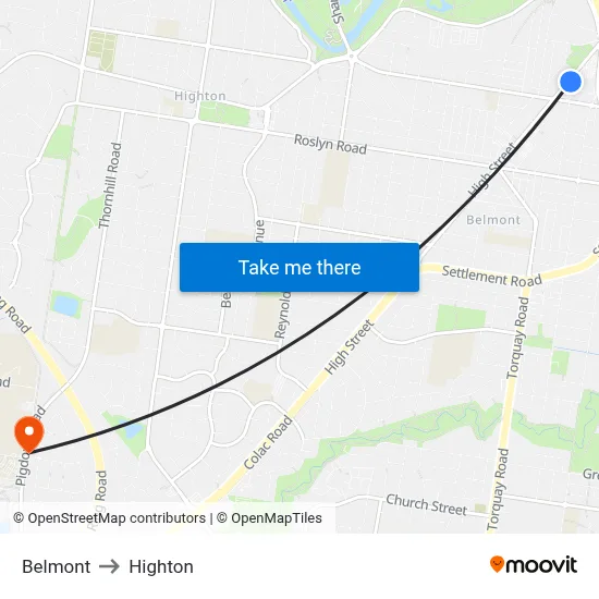 Belmont to Highton map