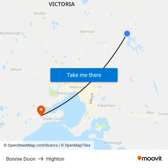 Bonnie Doon to Highton map