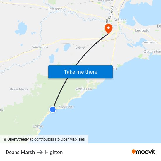 Deans Marsh to Highton map