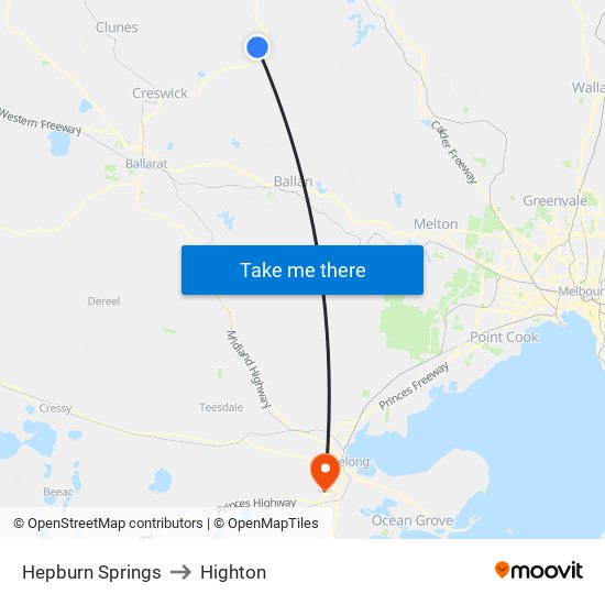 Hepburn Springs to Highton map