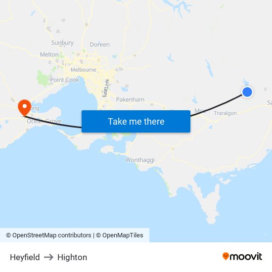 Heyfield to Highton map